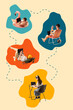 © Lustre Art Group  - Contemporary art collage. Man in flamingo float, another on beach chair, traveler lying down, and woman at desk, connected by dashed lines on colorful blobs. Concept of business, co-working, freelance