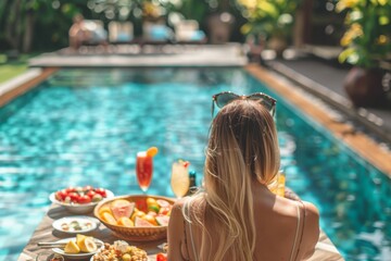 Healthy woman on swimming pool in luxurious tropical resort with have various food and drinks on table, Beach luxury lifestyle in summer vacation. 