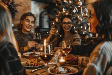 Wall Mural - holidays, celebration and people concept. happy multi-ethnic friends having christmas dinner at home.