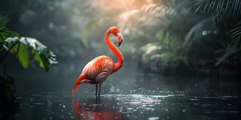 Sticker - Elegant Flamingo Standing on One Leg in Serene Shallow Pond with Vibrant Reflections