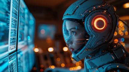 A Close up of a Woman in a Space Suit Looking at a Computer Screen - Generative AI