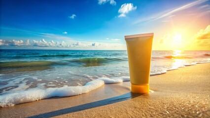 Wall Mural - A vibrant summer mockup featuring a partially used tube of sunblocking lotion half-buried in the warm sand beside serene ocean waves.