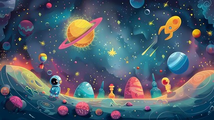 Sticker - A vibrant and whimsical illustration of a fantastical cosmic scene with planets, stars, and an astronaut.


