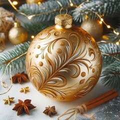 A beautiful Gold New Year's ball with a painted Christmas decoration