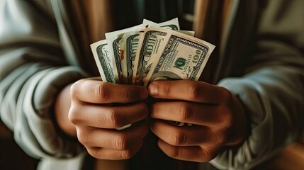 Close-up of a businessman counting a stack of hundred-dollar bills, symbolizing wealth, finance, and financial success...