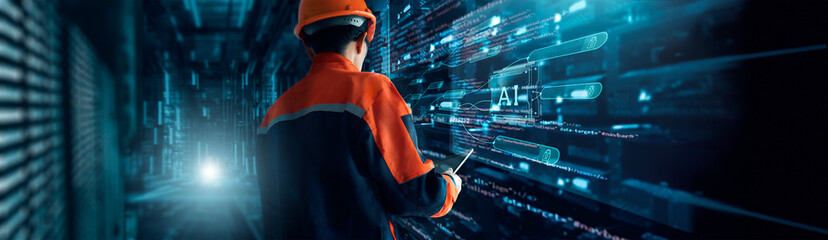 Leinwandbilder - Chief of technician technology hold tablet and data transfer from rack servers systems, Cloud storage with high speed internet. SAAS, Streaming servers in network server room. AI, Machine learning.