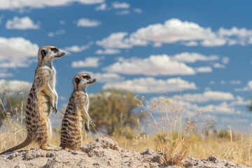 Canvas Print - A couple of meerkat sentinels looking at their surroundings in the Kalahari Desert in Africa.