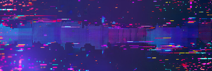 Wall Mural - Glitch pixel backdrop. Data noise wide banner. Disintegration effect with color pixels. Digital abstract distortion and lines. Cyberpunk screen effect. Vector illustration