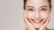 © LU - Korean beauty for skin care. Happy woman with the concept of plastic surgery and facial skin care