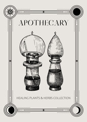 Antique apothecary glassware sketch. Witchcraft hand-drawn vector illustration. Art deco frame template. NOT AI generated