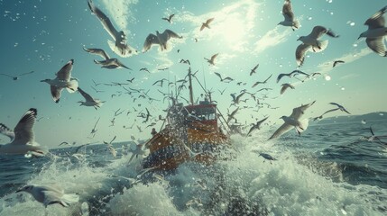 A Large Flock of Seagulls Flying Over a Boat in the Ocean - Generative AI