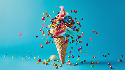 **Ice cream explosion with rainbow candies on a solid blue background. 32k, full ultra HD, high resolution