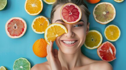 Natural vitamin C tablets for skin care. Happy women organic sliced citrus fruits, vitamin C skin care new concept: natural kiwi, beauty and health.