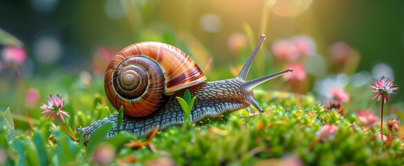 Snail in garden with colorful flowers and sunlight