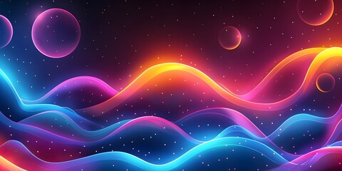 Wall Mural - vibrant neon retro frame with cosmic shapes and fluid gradients on dark background