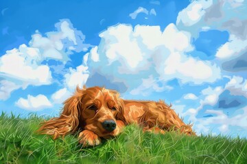 golden cocker spaniel lying down on the brow of a grassy hill against a blue sky with fluffy white c