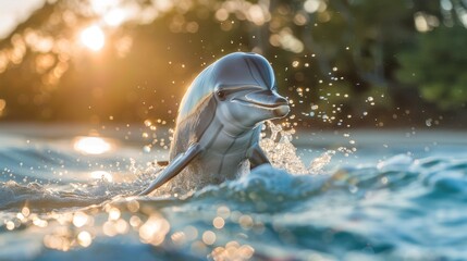 A Dolphin Is Swimming in the Water With the Sun Shining on It's Back - Generative AI