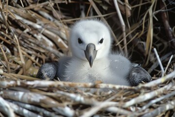 Canvas Print - Grey-headed albatross chick (Diomedea chrysostoma) in nest