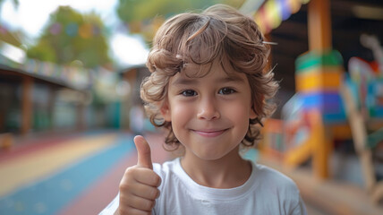 Wall Mural - happy brunette boy child showing thumb in confirmation sign in a playground, wearing a white t-shirt,generative ai