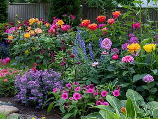 Wall Mural - Gorgeous Rainbow of Blooms: A Vibrant Rose Flower Bed with Mixed Bulbs and Petunias in Full Bloom