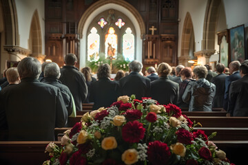 Poster - A solemn funeral service taking place in a church. Suitable for memorial or religious purposes