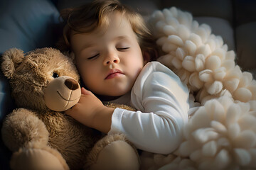 Wall Mural - Young toddler sleeping next to teddy bear