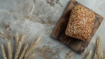 View of a loaf of whole grain bread in shades of brown, lying on a wooden cutting board on a marble kitchen table.