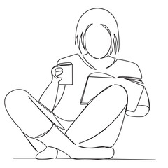 Wall Mural - continuous single drawn one line girl reads a book and drinks hand-drawn picture silhouette coffee. Line art. doodle