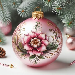 a beautiful pink new year's ball with a painted christmas decoration