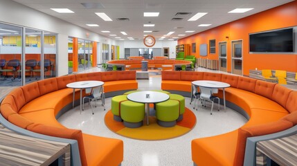 Innovative learning environment featuring circular seating and creative, colorful d?(C)cor