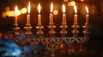 A Candelabra With Many Lit Candles in Front of a Blurry Background - Generative AI