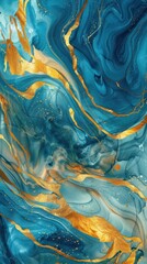 Sticker - Abstract blue and gold alcohol ink painting background.