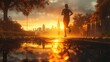 © Zeynep - A Woman Jogging in the Rain at Sunset With a City Skyline in the Background - Generative AI