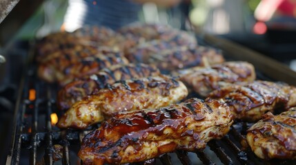 Wall Mural - Close-up of several pieces of deliciously marinated barbecue chicken grilling on a hot outdoor barbecue grill.