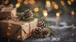 © tashechka - Rustically wrapped Christmas gifts adorned with pinecones and festive lights, creating a warm holiday atmosphere with a cozy touch.