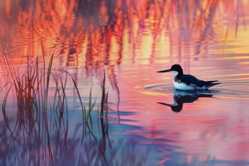 Poster - A Black Neck Skimmer fishes in the early colorful morning hours