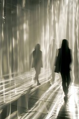 Poster - People walking through a glowing laser smoke curtain

