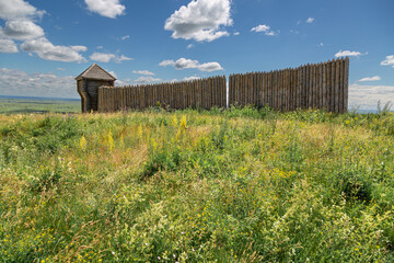 Ancient wooden fortress on a background of river spaces. Russia, Tatarstan, ancient Bulgar fortress in Yelabuga