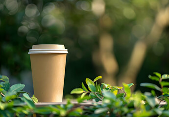 Eco-friendly paper coffee cup in a natural outdoor setting, surrounded by green foliage and a blurred background.