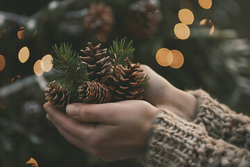 Wall Mural - female hands holding pine cones and christmas tree branches with bokeh background