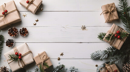 Wall Mural - christmas composition. fir tree branches, pine cones on white wooden background. flat lay, top view,