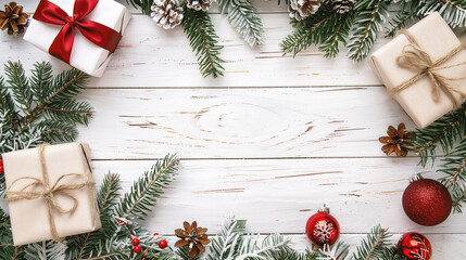 Wall Mural - christmas composition. fir tree branches, pine cones on white wooden background. flat lay, top view,