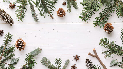 Wall Mural - christmas composition. fir tree branches, pine cones on white wooden background. flat lay, top view,