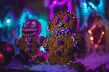 Wall Mural - gingerbread cookies on the background of a christmas tree decorated with garlands