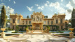 © sornram - Luxurious European-style mansion with grand architecture and beautiful gardens under a clear sky.