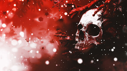 Wall Mural - dark red christmas background with human skull and snowflakes