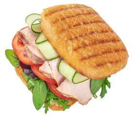 Wall Mural - Sandwich with ham, tomatoes and salad with toasted ban isolated on white, Pressed and toasted panini