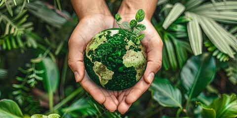 Wall Mural - Small Hands Holding Vibrant Earth Surrounded by Greenery