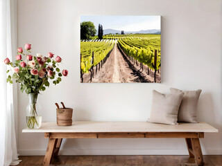 canvas photo print with gallery wrap and flowers in vase, interior decor. landscape photography hang