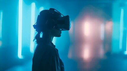 Person Using Blurry VR Headset in Minimalist Calm Environment with Copy Space